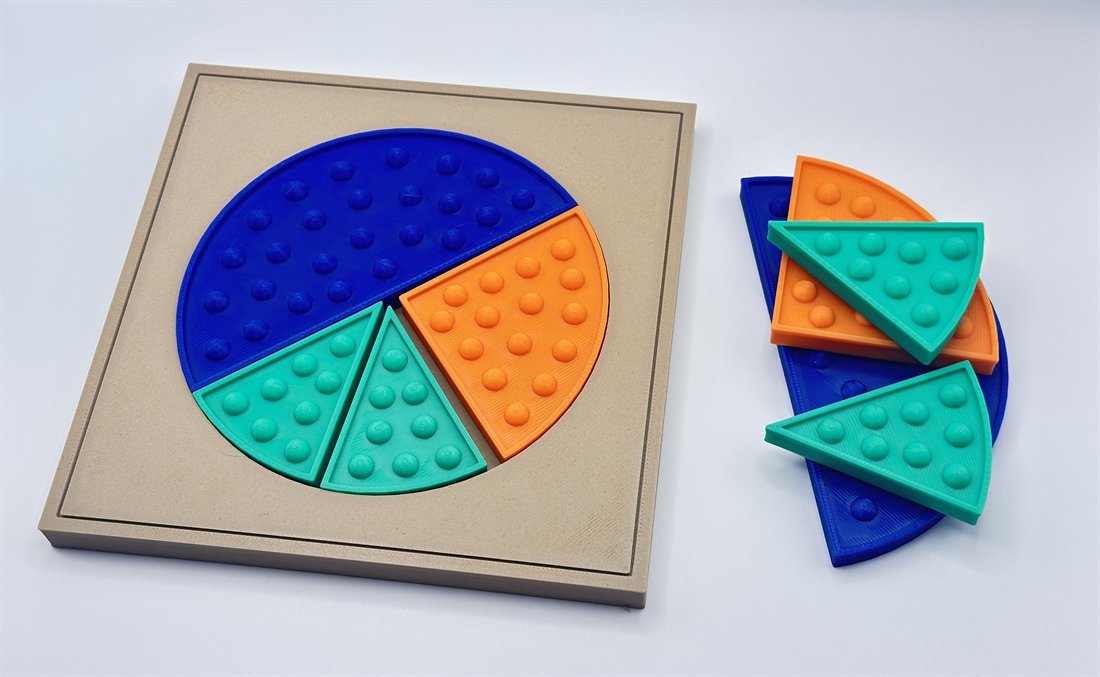 Pizza-style fraction pieces showing halves, fourths, and eighths